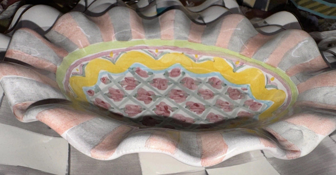MacKenzie Childs Taylor Cabbage Rose Fluted Ceramic Soap Dish Hand Painted 6.25"