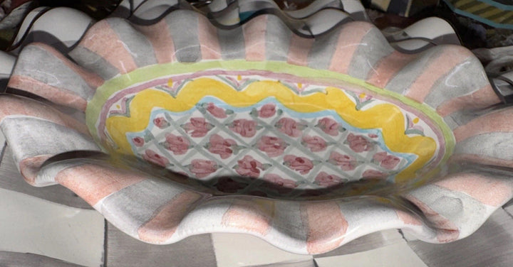 MacKenzie Childs Taylor Cabbage Rose Fluted Ceramic Soap Dish Hand Painted 6.25"