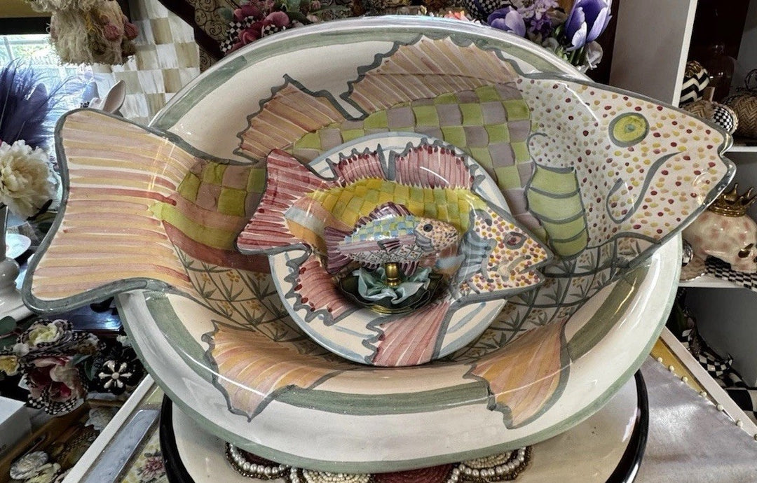 RARE & LARGE Mackenzie  Childs 20" Fish Pedestal Oval Bowl Made In Aurora 2002
