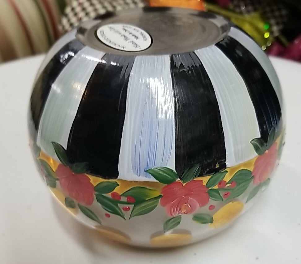Mackenzie Childs Heirloom Black White Circus Stripe Rose Bowl EUC Retired 4”