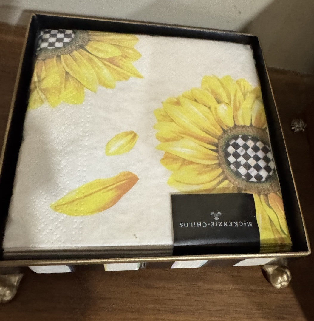 MacKenzie Childs Sun Flower  Cocktail Napkin Holder Gold Lion Claw Feet Tray