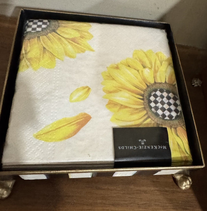 MacKenzie Childs Sun Flower  Cocktail Napkin Holder Gold Lion Claw Feet Tray