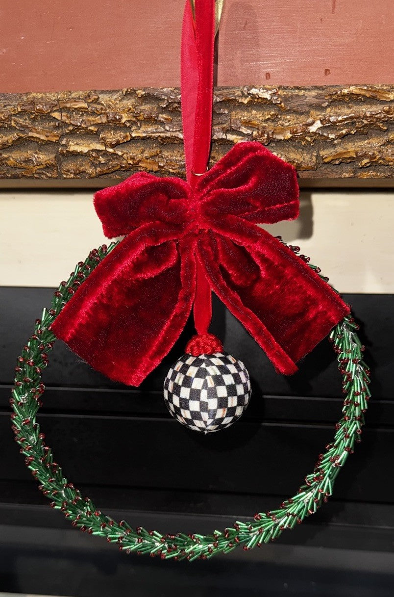MacKenzie Childs Circular Wreath With Courtly Check Ornament 8” Red Bow- New