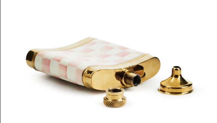Mackenzie Childs Rosy Check 3260 Gold Flask- New In Box