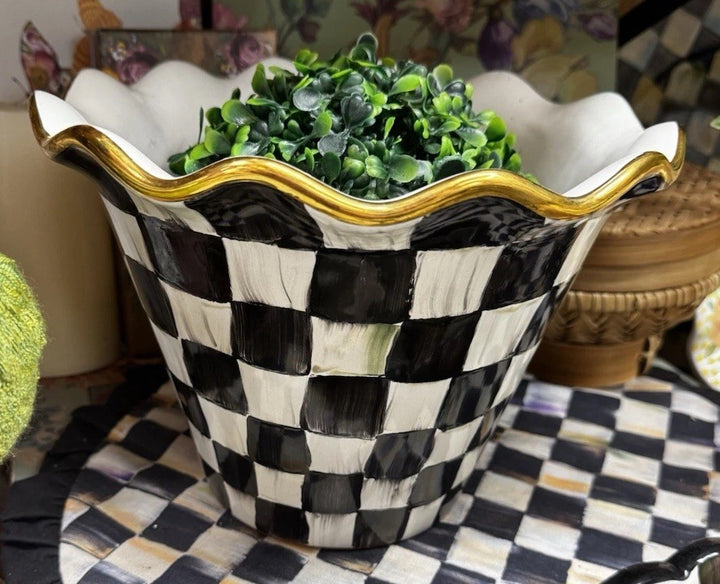 Mackenzie Childs 7.5” Tall  Made In Aurora Courtly Check Garden Pot Planter