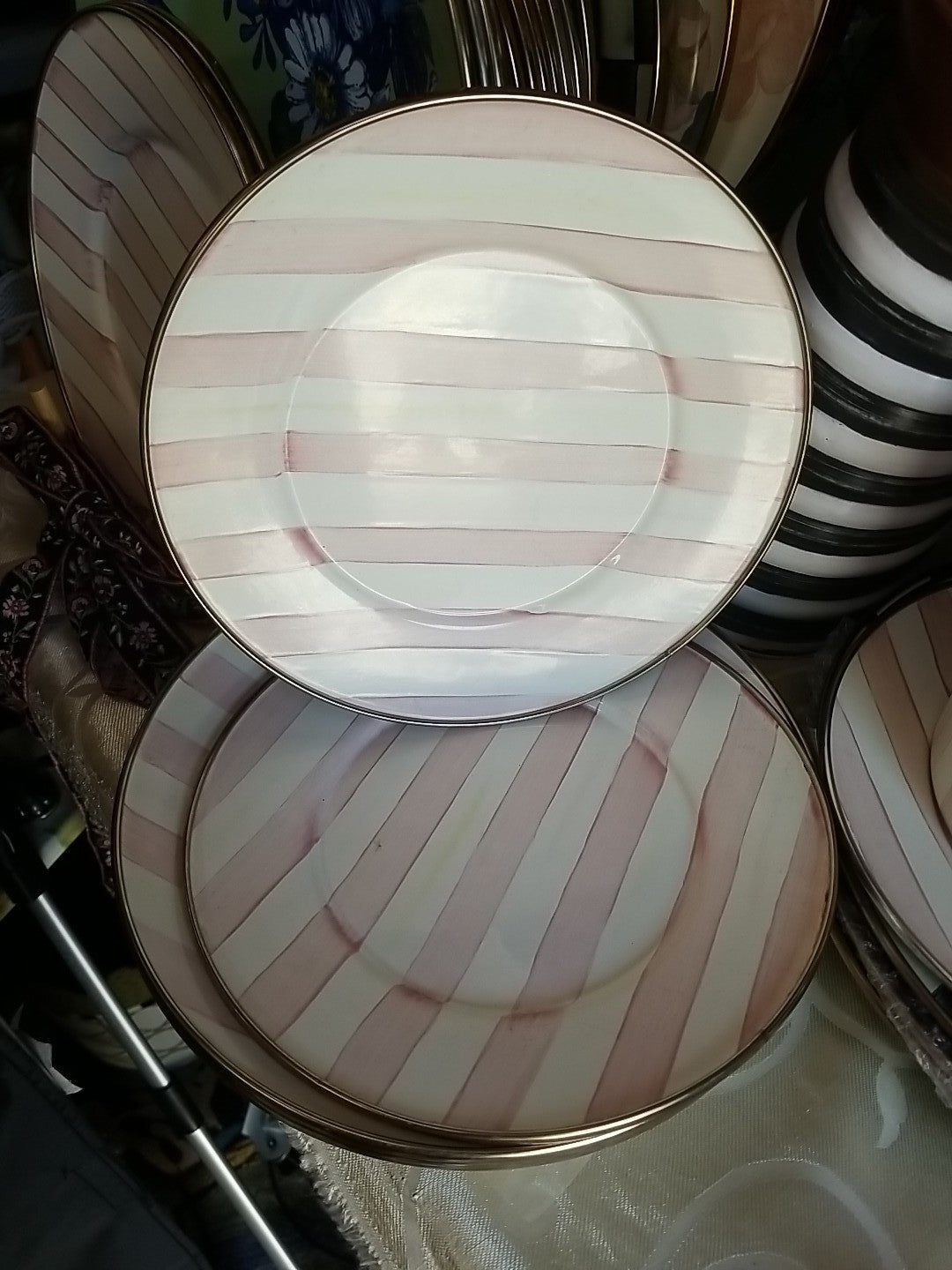 MACKENZIE CHILDS Pink Stripe Bathing Hut- PLATE 8" Enamel- One -retired