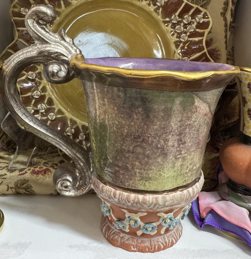 MacKenzie Childs Evervolving  Cocoa Mug 2001 - Cheltenham -  Gold And Silver