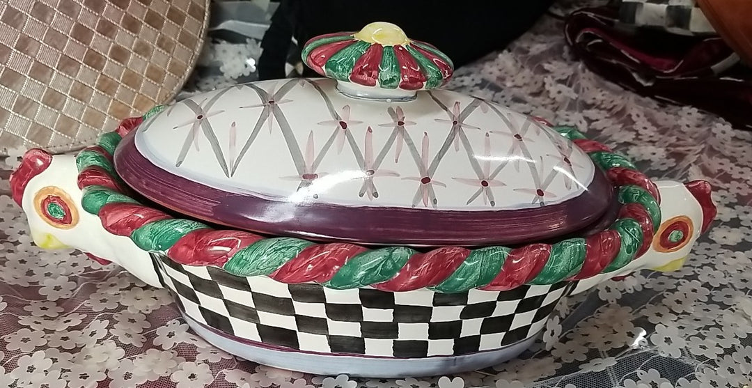 Retired  Mackenzie Childs Chicken Casserole  Dish With Lid - Ceramic- Read