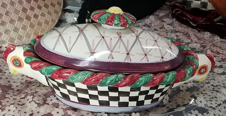 Retired  Mackenzie Childs Chicken Casserole  Dish With Lid - Ceramic- Read