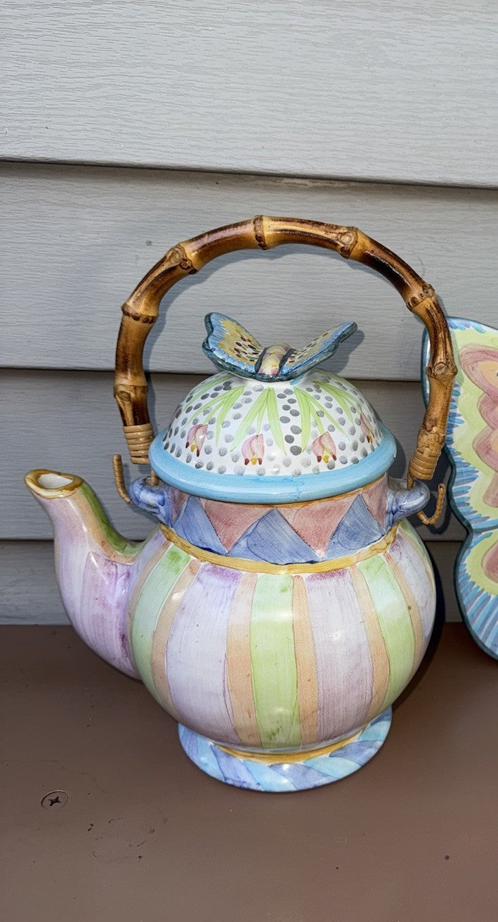 Mackenzie Childs Ceramic Butterfly Collection  With Bamboo Handle Teapot 2006