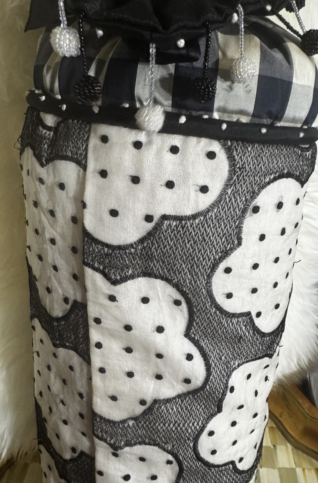 MacKenzie Childs Vintage Silk Large Bolster Pillow Black And Beige  Flower Read