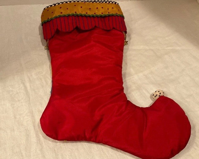 MacKenzie Childs Jester Christmas Stocking Striped 15” gold charms black beads