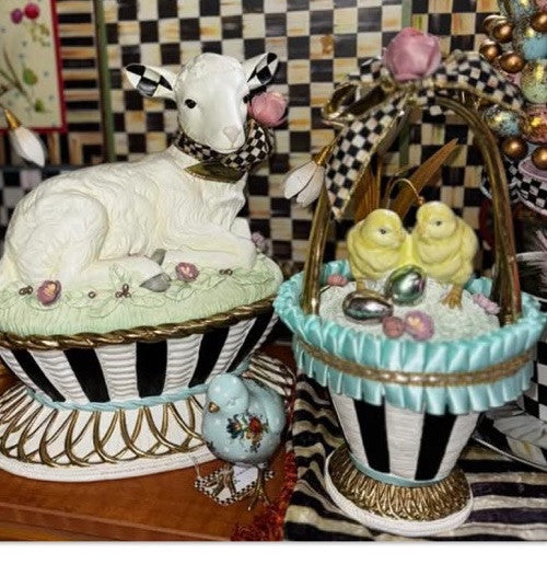 MacKenzie Childs Retired Macaron  Blue Basket- Chicks - 12” Tall- New
