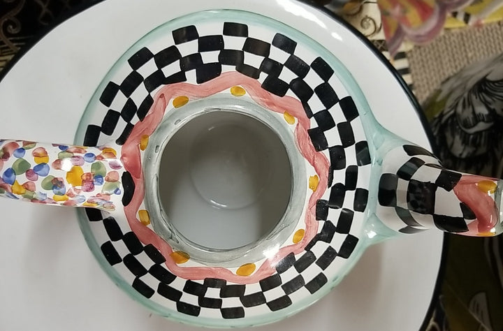 MacKenzie Childs Taylor Odd Fellows Ceramic Tea Pot Kettle 2 qt Retired w/ Lid