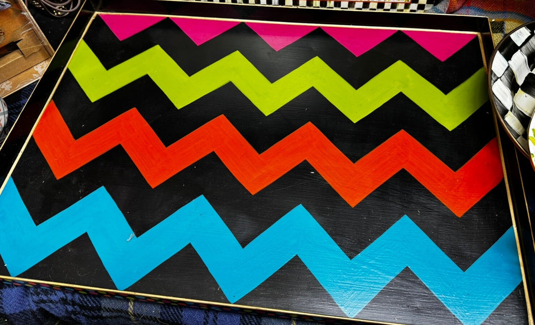 Mackenzie Childs Large Tray Trampoline Colorful ZigZag Polka 20”x14”