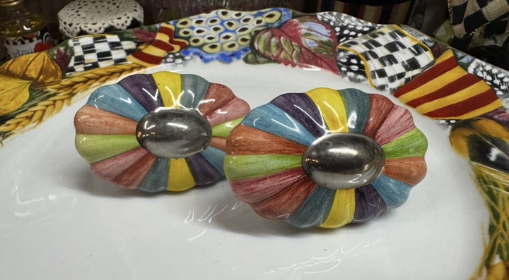MacKenzie Childs One Pottery Knob Ribbed Majolica Cabinet Rainbow-