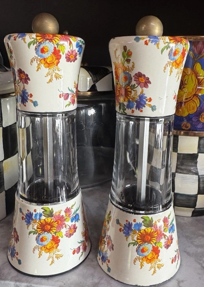 MacKenzie Childs White Flower Market Salt And Pepper Grinder Set Of 2