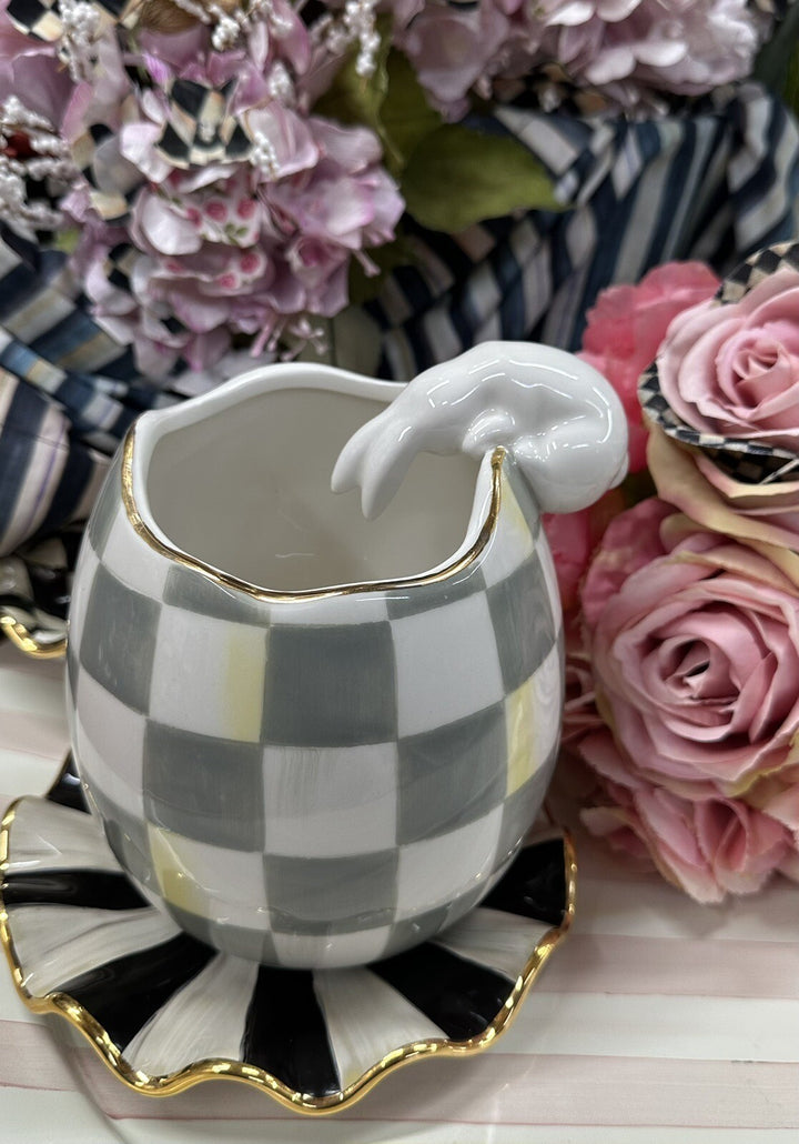 Mackenzie Childs Sterling CHECK Rabbit Looking Into Egg 9” Tall