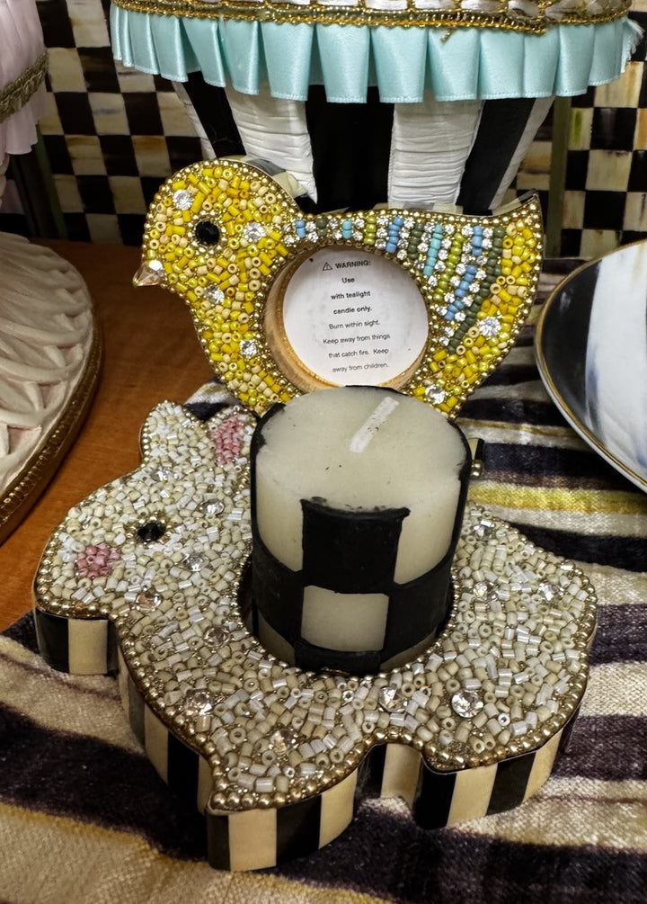 Mackenzie Childs Tea light Candle Holders Set Of 2 NIB  Bunny And Chick  Beaded