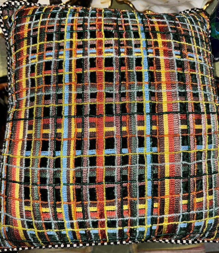 Mackenzie Childs Retired  Beaded  Inverness  Plaid  Pillow 13” Square  Excel