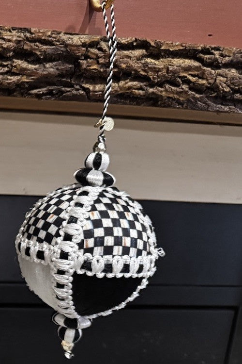 Mackenzie Childs COURTLY CHECK  BALL Fabric Covered ORNAMENT- New 4”x4”-set Of 2