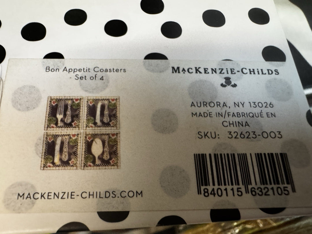 MacKenzie Childs Bon Appetite Ceramic Coaster Set Of 4 New In Box 4”x4”