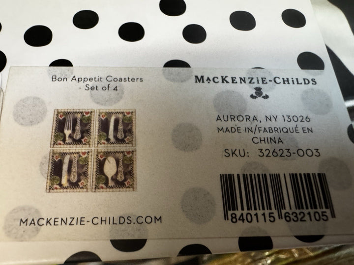 MacKenzie Childs Bon Appetite Ceramic Coaster Set Of 4 New In Box 4”x4”