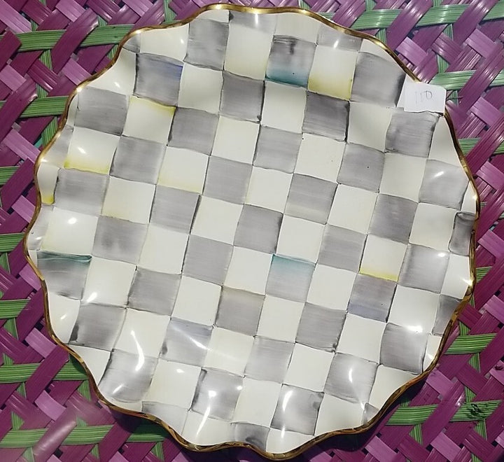 Mackenzie Childs STERLING Check Ceramic 11” Dinner Plate Fluted W/Gold Trim