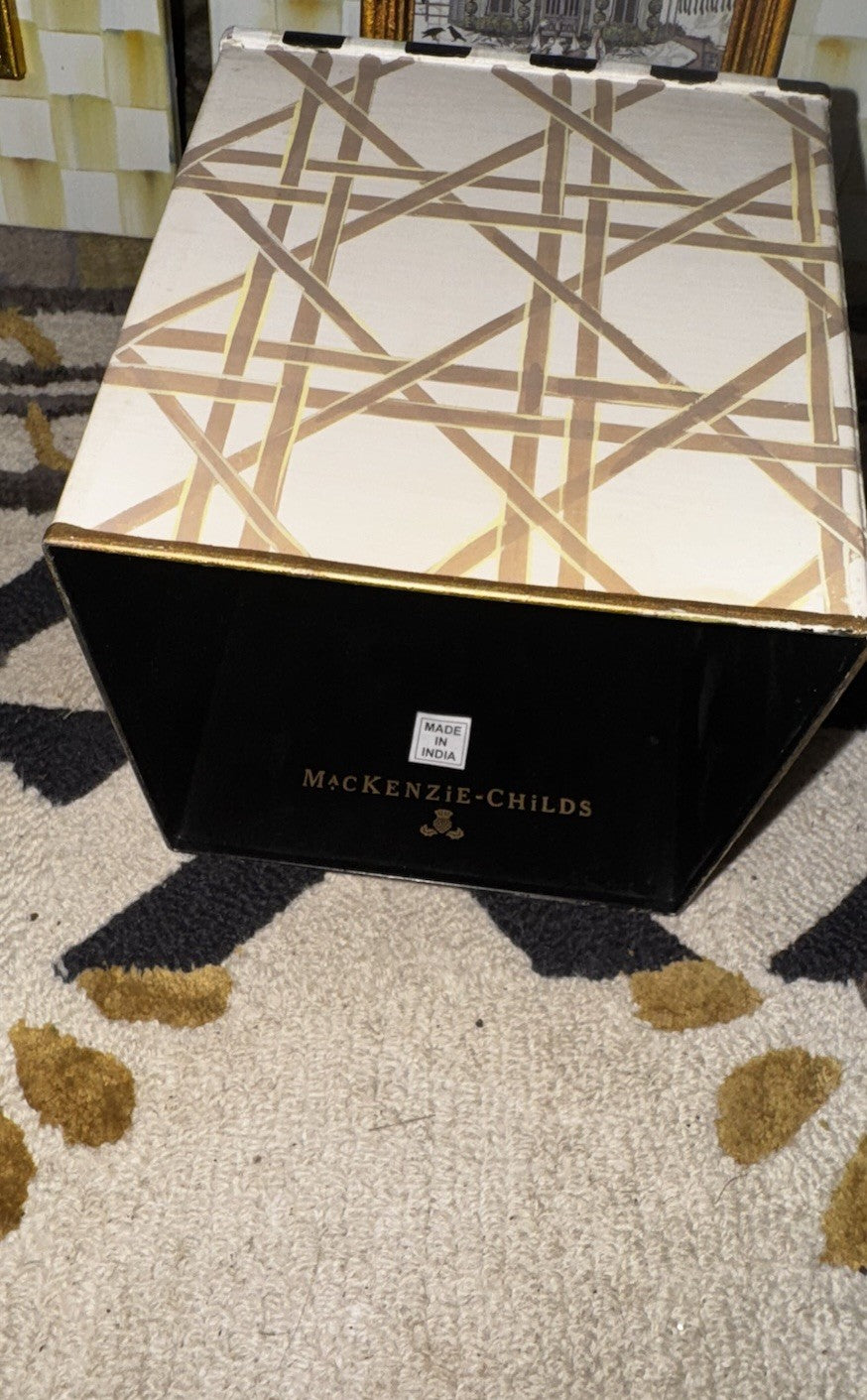 Mackenzie Childs Waste Basket - Tissue Cover Metal Retired Lattice Pattern