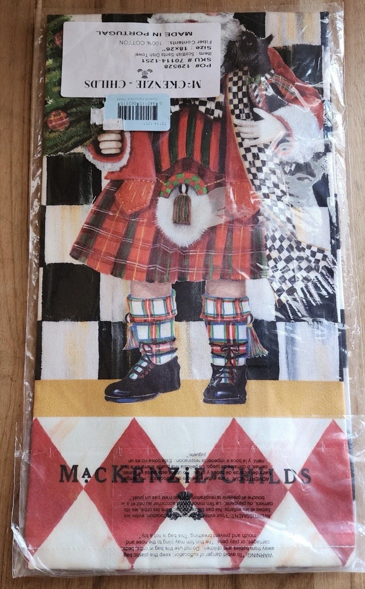 Mackenzie Childs Scottish Santa Courtly Check Dish Towel 18x26” Cotton  NIP