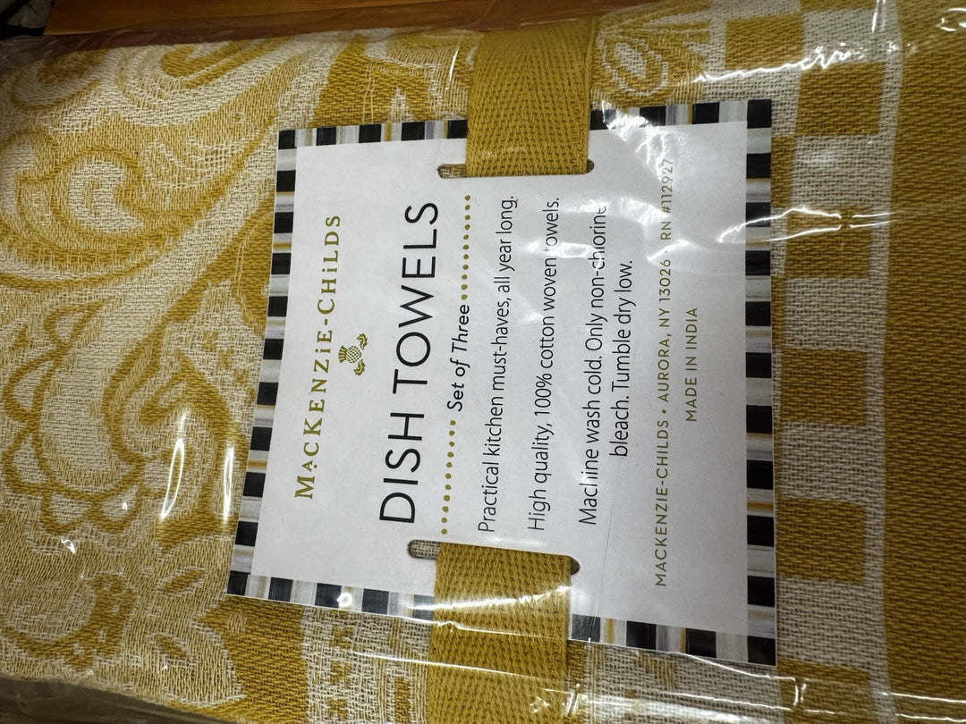 MacKenzie Childs Paisley & checks yellow set of 3 cotton dish towels NEW w/tags!