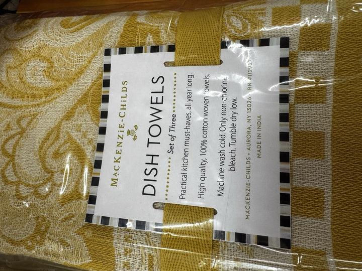 MacKenzie Childs Paisley & checks yellow set of 3 cotton dish towels NEW w/tags!