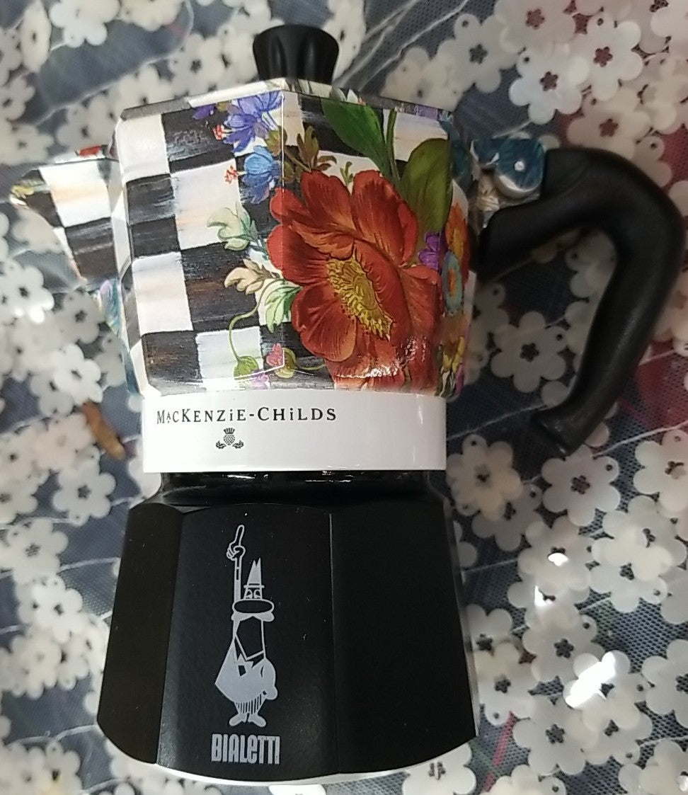 MacKenzie Childs BIALETTI MOKA POT 3 CUP COFFEE FLOWER HAND PAINTED BRAND NEW
