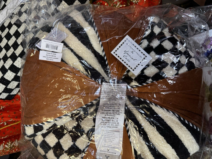 Mackenzie Childs Harvest  Check And Stripe Round Pumpkin Pillow- New In Bag