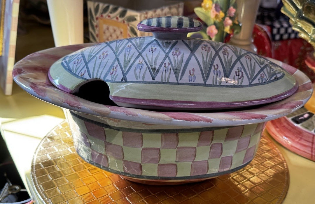 MacKenzie Childs Taylor Bearded Iris  Oval Serving Bowl with Lid 13.5”x 9.5”