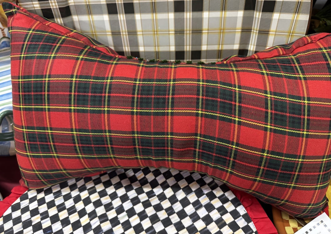 New Mackenzie Childs Red Tartan Retired Bow Pillow Beaded 20” Long