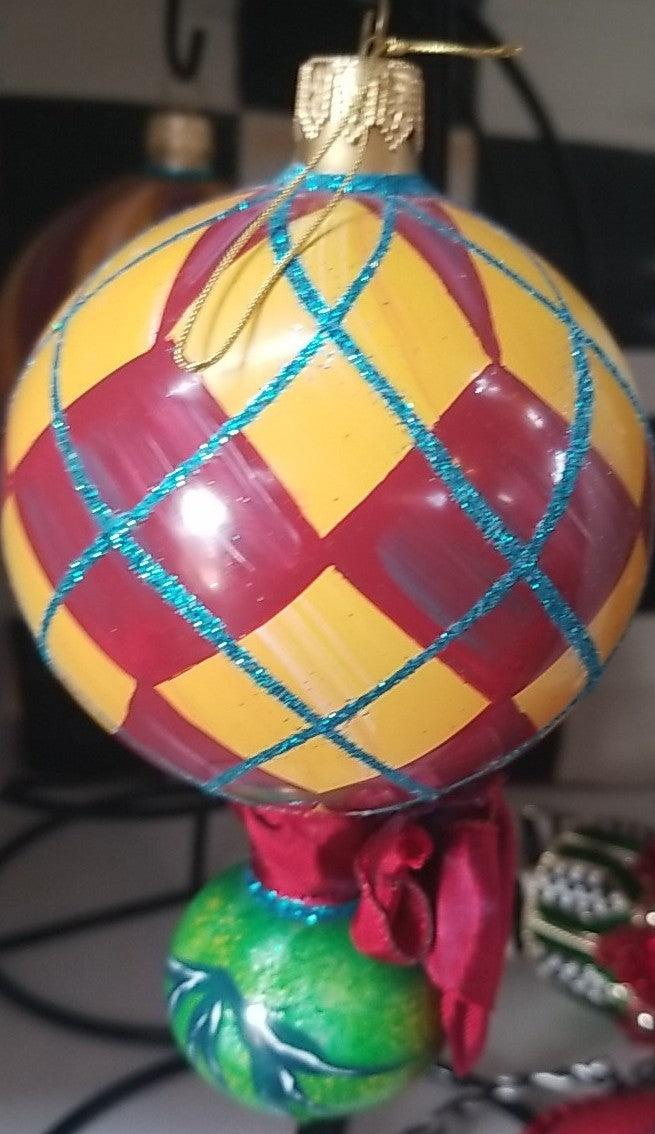 MacKenzie Childs Frank And Mustard  Argyle Double Drop Glass Ornament