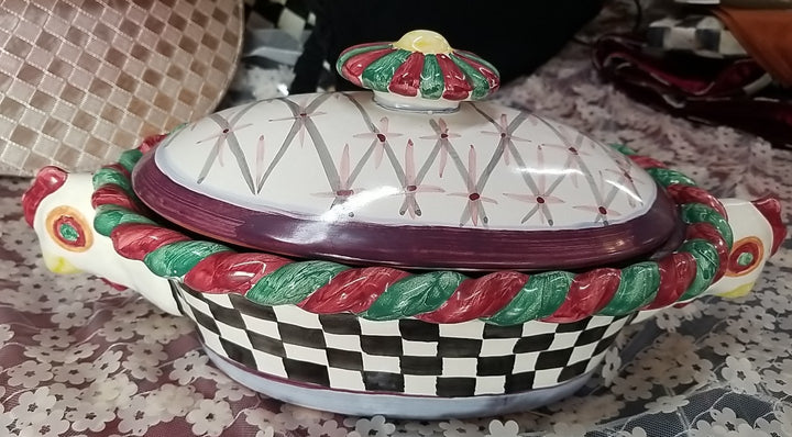 Retired  Mackenzie Childs Chicken Casserole  Dish With Lid - Ceramic- Read