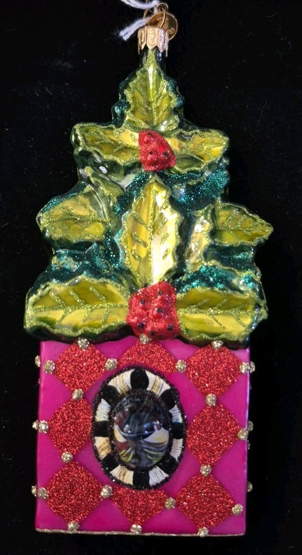 Mackenzie Childs CHICKADEE HOLLY HOUSE Christmas Ornament Blown Glass - NEW/BOX!