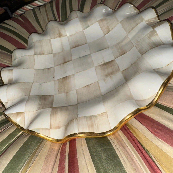 9” Mackenzie Childs   PARCHMENT CHECK CERAMIC FLUTED Gold Trim DESSERT PLATE- 1