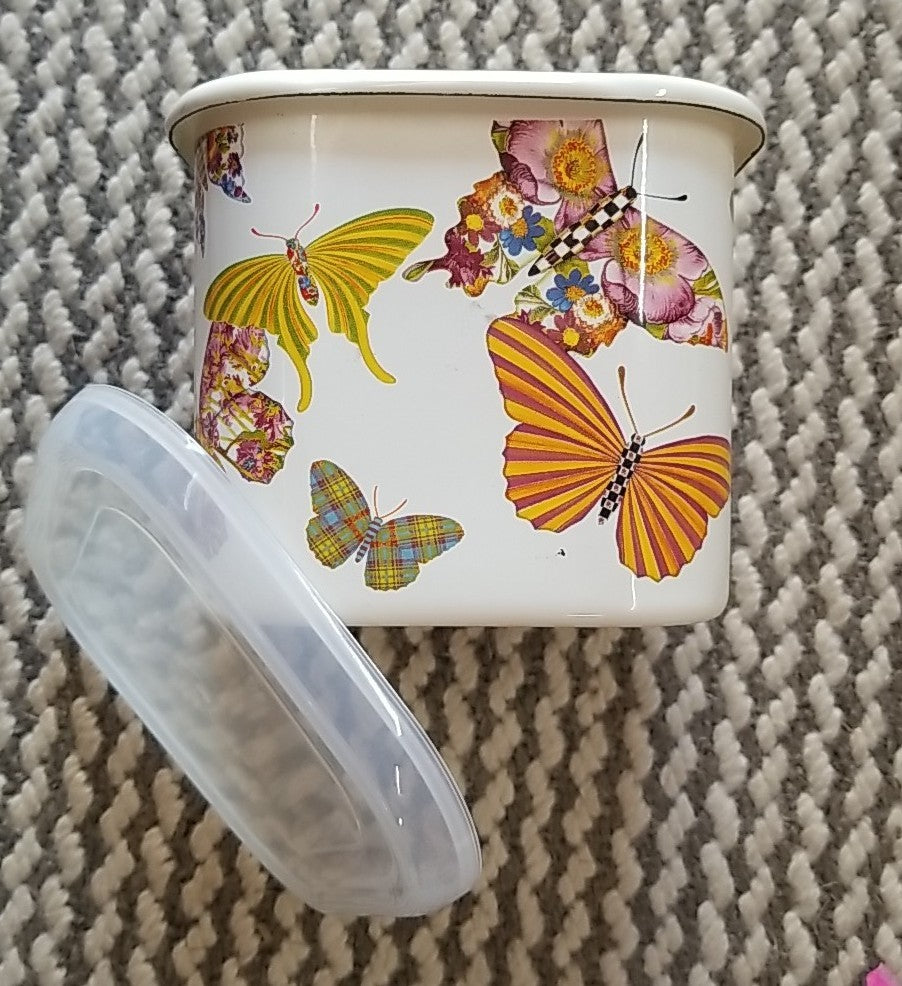MacKenzie Childs Butterfly Garden Square Enamel Storage Container- New