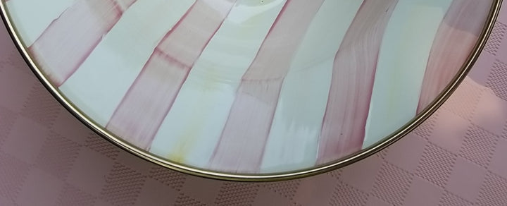 MacKenzie Childs Pink Stripe Bathing Hut   Breakfast Bowl, 8” -enamel