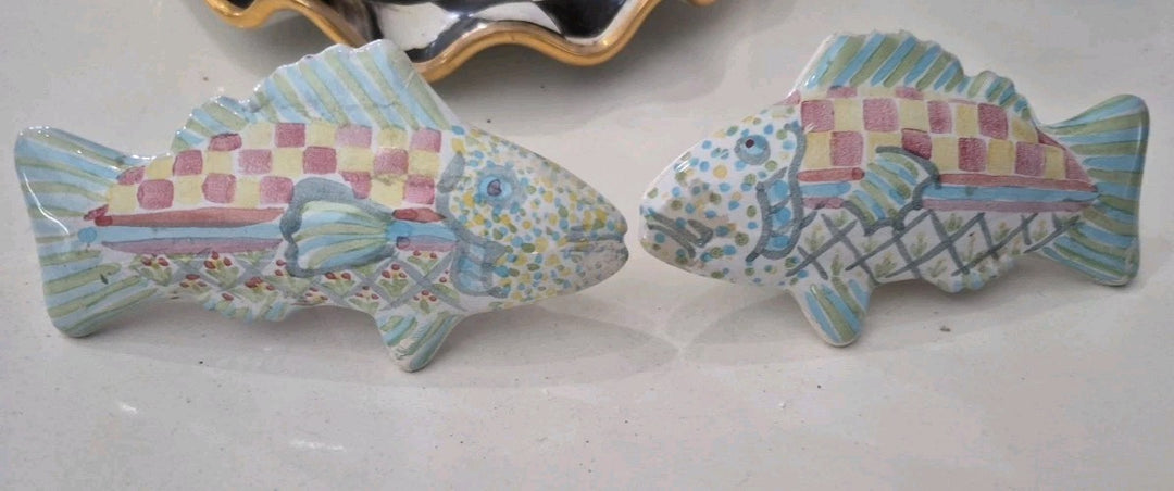 Set 2 Vintage MacKenzie-Childs Pottery Fish Cabinet Knobs / Drawer Pulls Teal