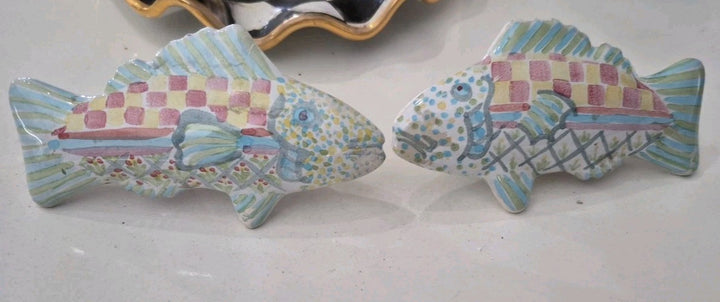 Set 2 Vintage MacKenzie-Childs Pottery Fish Cabinet Knobs / Drawer Pulls Teal