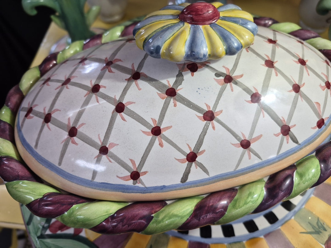 MacKenzie Childs Ceramic Lidded Piccadilly Chicken Casserole Dish- Handmade