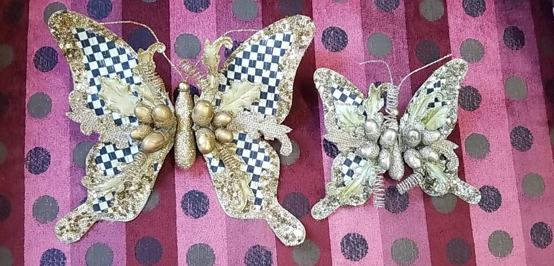 Mackenzie Childs Butterly Clips Set Of 2 Gold & Silver Courtly Check Retired