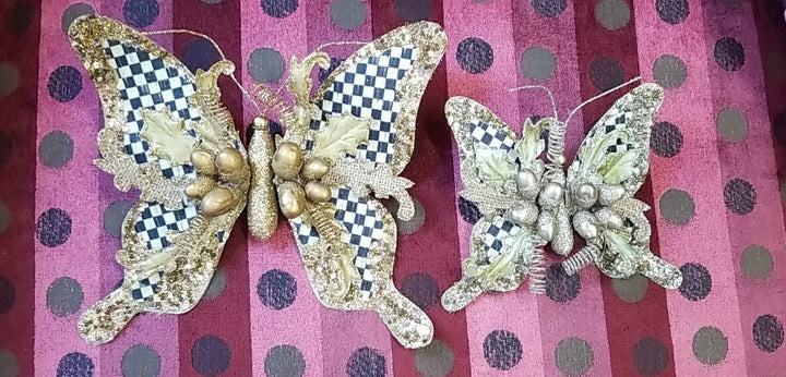 Mackenzie Childs Butterly Clips Set Of 2 Gold & Silver Courtly Check Retired