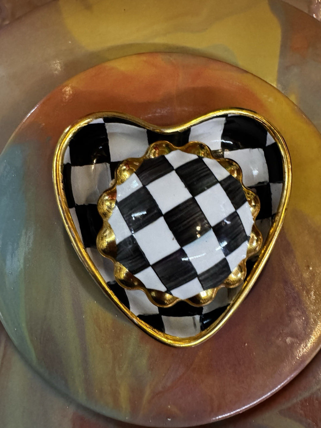 MacKenzie Childs Courtly Check 3.5” Heart  Small Trinket Bowl -made In Aurora
