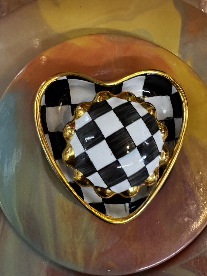 MacKenzie Childs Courtly Check 3.5” Heart  Small Trinket Bowl -made In Aurora