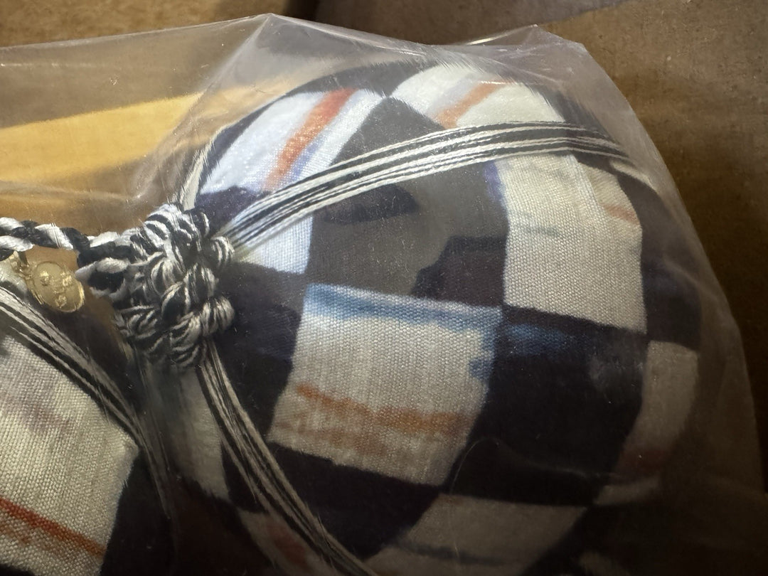 Mackenzie Childs COURTLY CHECK Large BALL Fabric Covered ORNAMENT- New 4”x5.25”